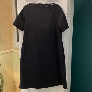 MUJI large black s/s dress pockets midi cotton blend classic minimalist easycare